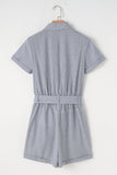 Railroad Striped Chest Pockets Button-Up Belted High-Waist Romper