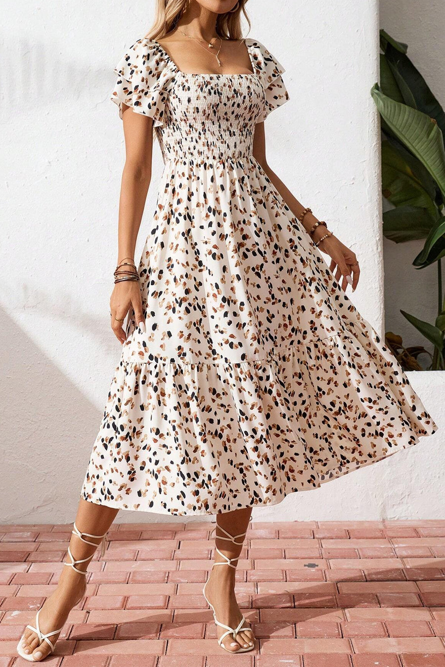 Floral Print Smocked Ruffle Sleeves Dress B