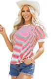 Red Striped Contrast Trim Crew Neck Short Puff Sleeve T-Shirt