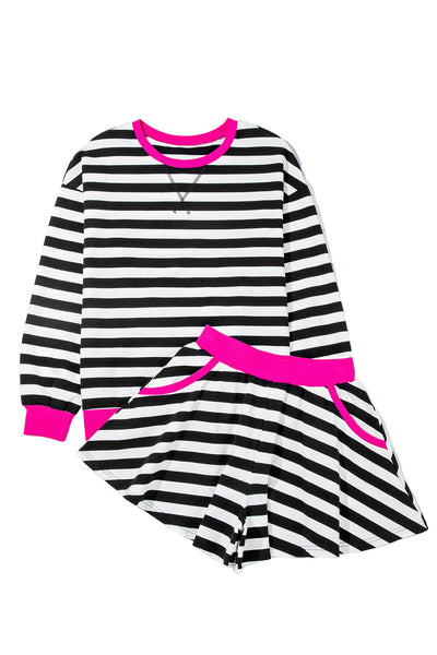Black Stripe Contrast Trim Long Sleeve Top and Shorts Set