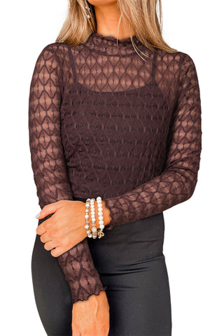 Coffee Sheer Mesh Lettuce Trim Slim Long Sleeve Top