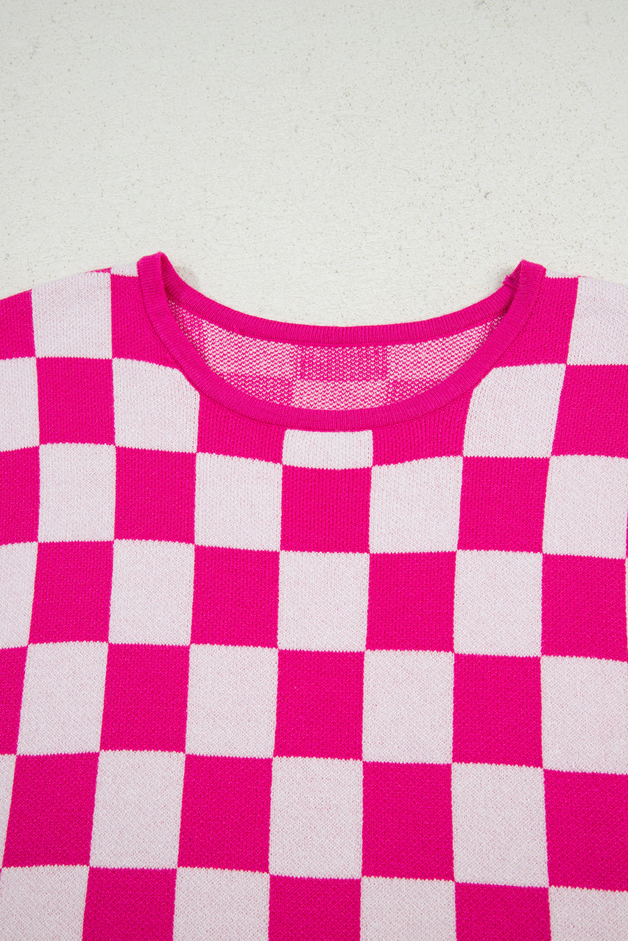 Fuchsia Checkered Pattern Cap Sleeve Knit Top