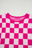 Fuchsia Checkered Pattern Cap Sleeve Knit Top