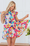 Abstract Print Flutter Sleeve Tiered Mini Dress