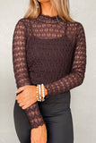 Brown Sheer Mesh Lettuce Trim Long Sleeve Blouse
