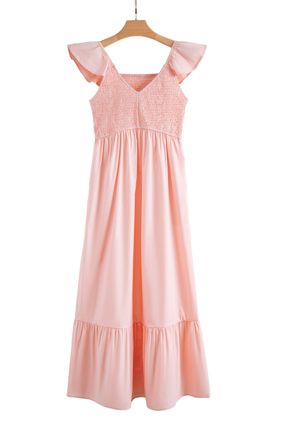 V-Neck Flutter Sleeve Smocked Bodice High Waist Ruffle Maxi Dress with Pockets- 2 Colors