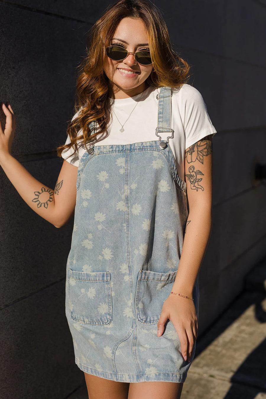 Sky Blue Retro Wash Denim Floral Print Overall Mini Dress