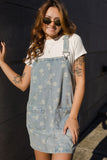 Sky Blue Retro Wash Denim Floral Print Overall Mini Dress