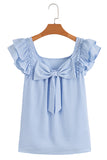 Textured Bow Frilled Ruffle Sleeve Blouse- Light Blue