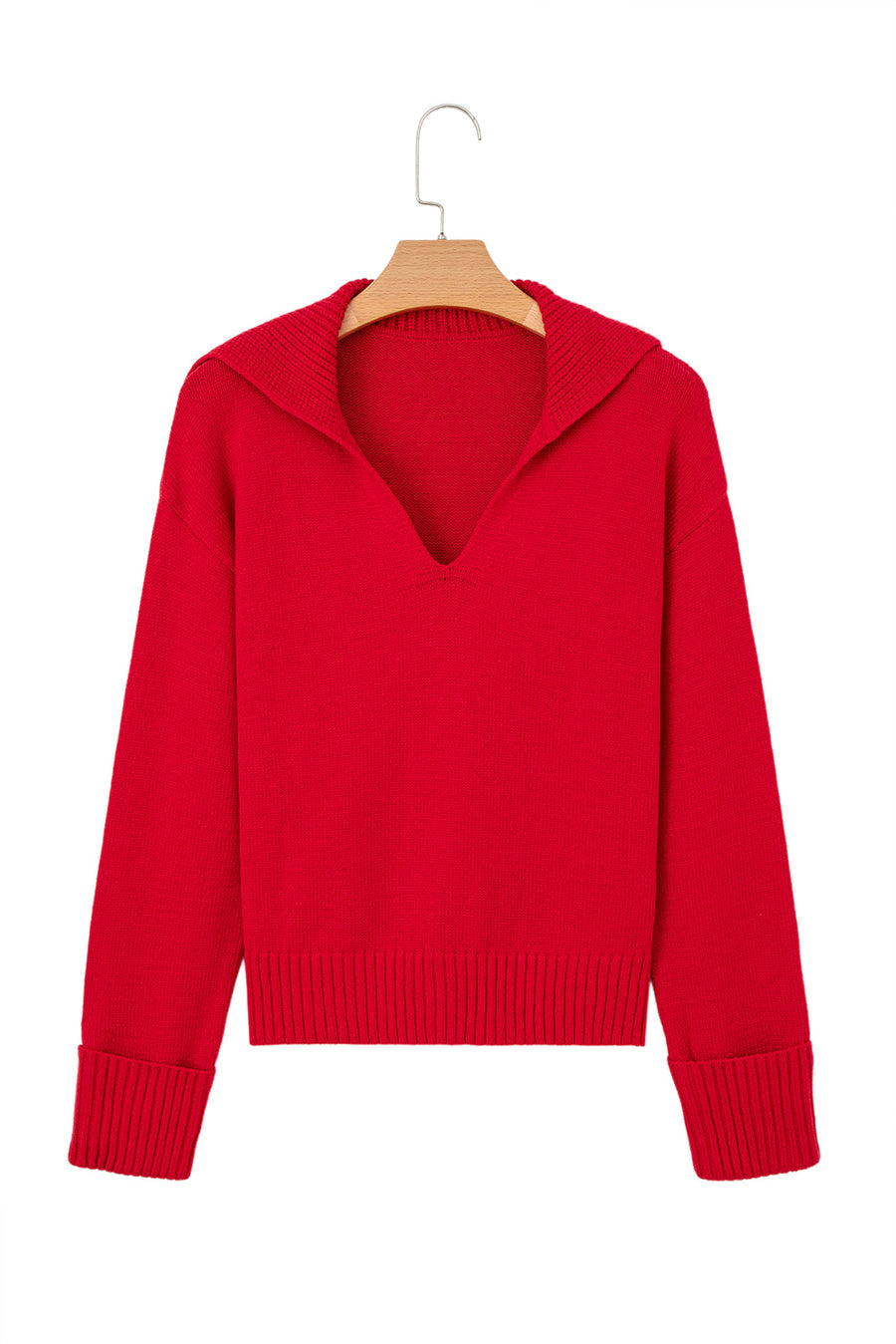 Red Ribbed Edge Sailor Collar V-Neck Loose Fit Sweater