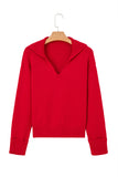 Red Ribbed Edge Sailor Collar V-Neck Loose Fit Sweater