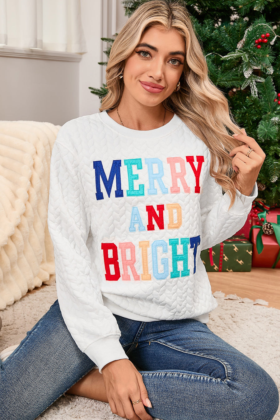 White Chenille Letter Patch Quilted Sweatshirt- 2 Styles