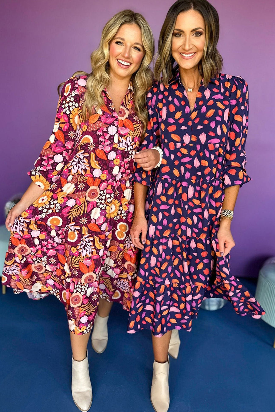 Purple and Orange Multi Floral Print Collared Tiered Flowy Long Sleeve Maxi Dress- 2 Colors