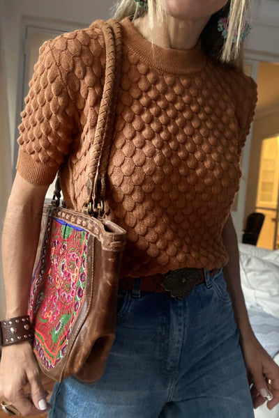 Fish Scale Textured Knit Crew Neck Short Sleeve Sweater- 2 Colors