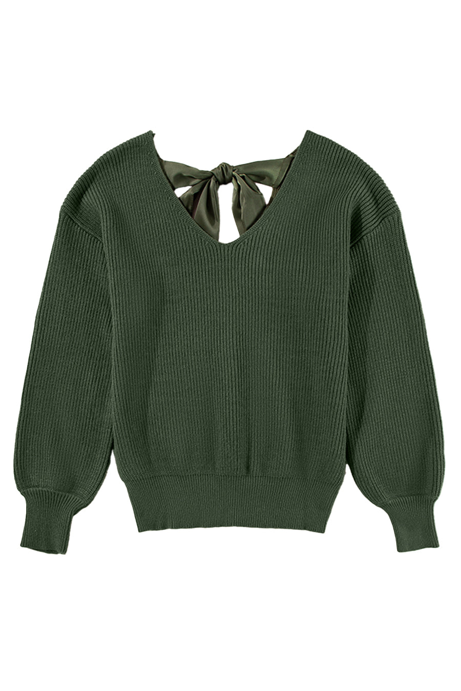 Lantern Sleeve V-Neck Bow Back Sweater- 4 Colors