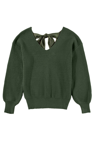 Coffee Lantern Sleeve V Neck Knot Back Sweater