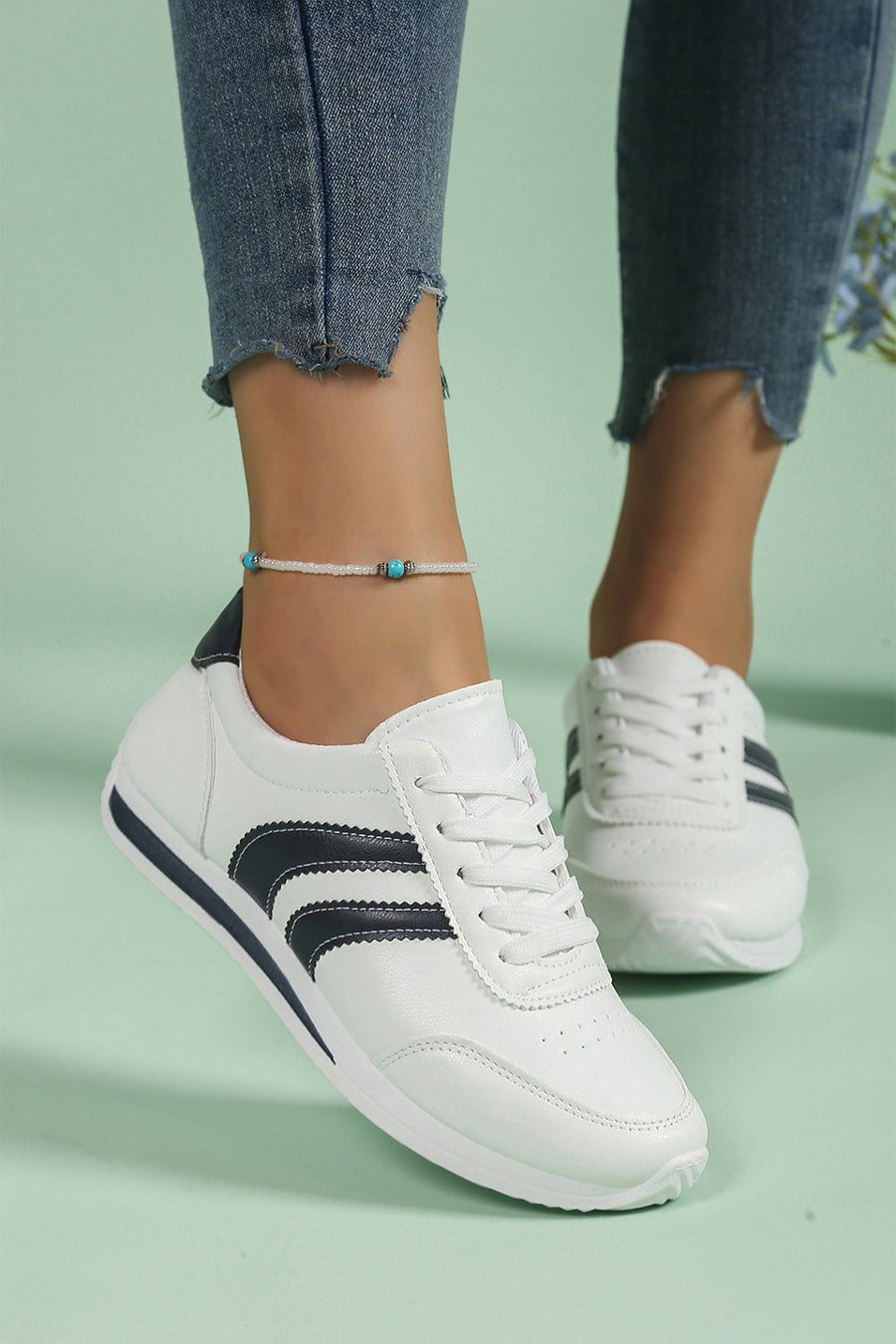White PU Leather Striped Casual Sneakers