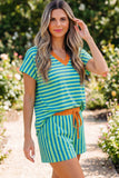 Striped Contrast Trim V-Neck T-Shirt and Drawstring Elastic Waist Shorts Set- 4 Colors