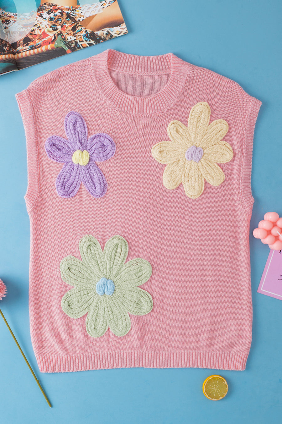 Flower Patch Knit Crew Neck Short Sleeve Sweater- 2 Colors