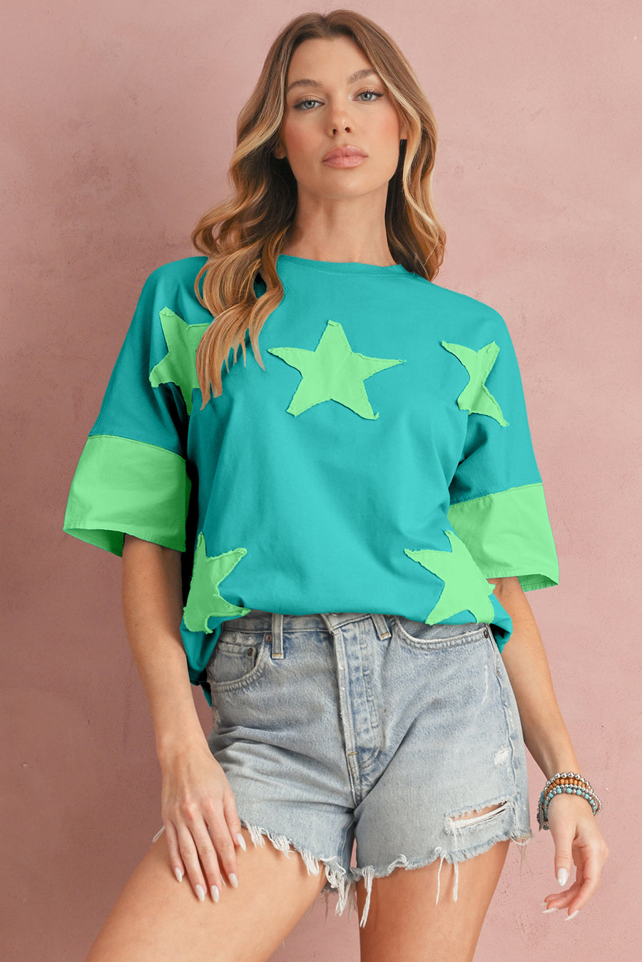 Aruba Blue & Lime Green Frayed Star Patch Oversized T-Shirt