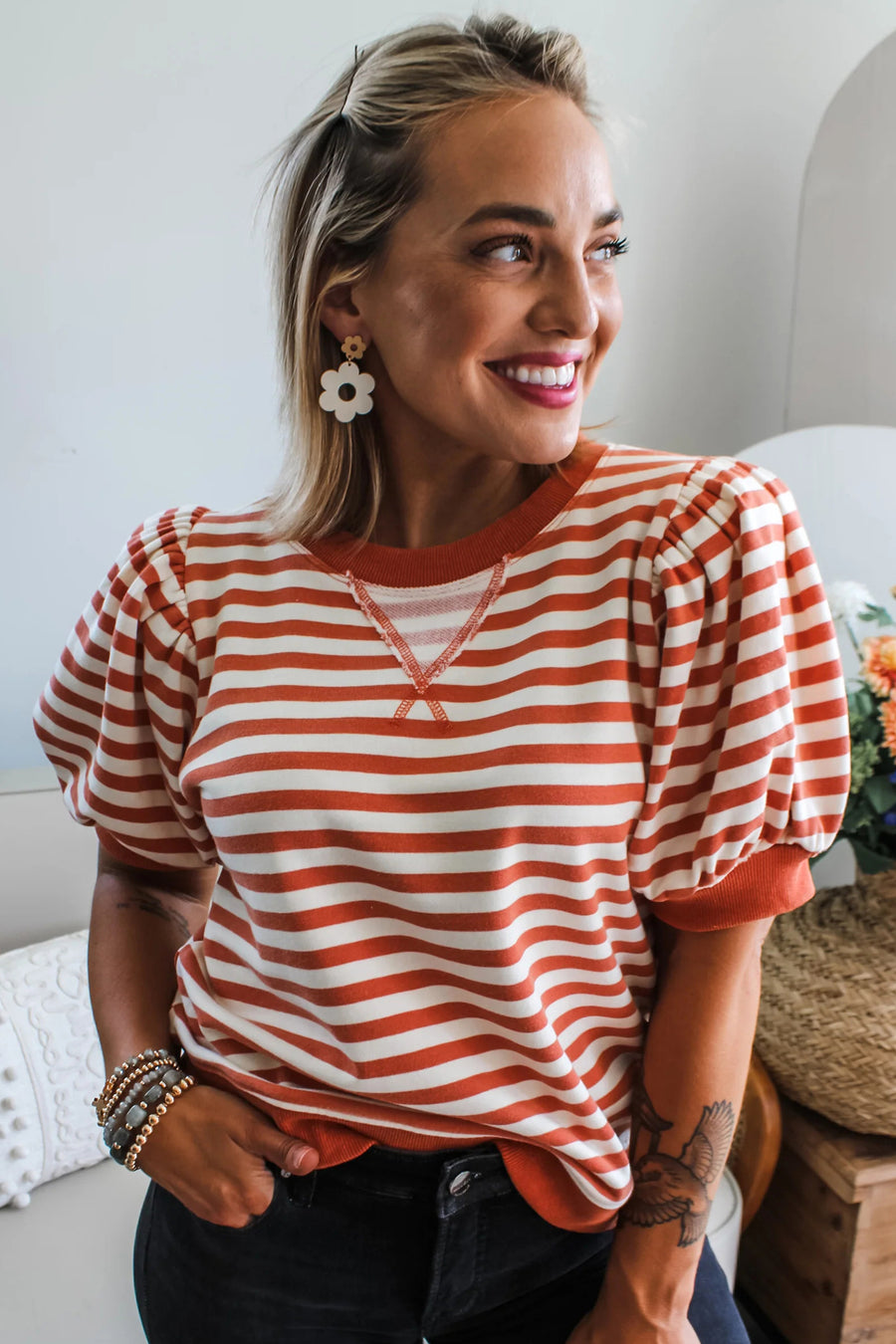 Striped Short Bubble Sleeve T-Shirt- 3 Colors