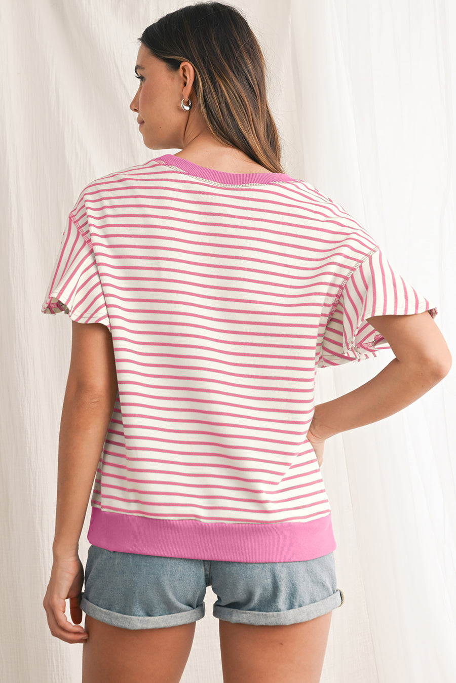 Striped Ruffle Sleeve Crew Neck T-Shirt- 3 Colors