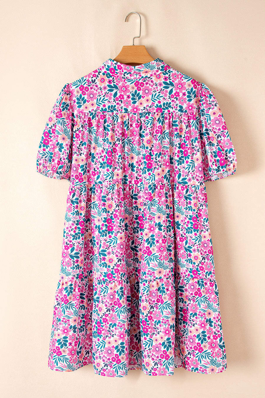 Plus Size Pink Multi Floral Button-Up Puff Sleeve A-Line Mini Dress