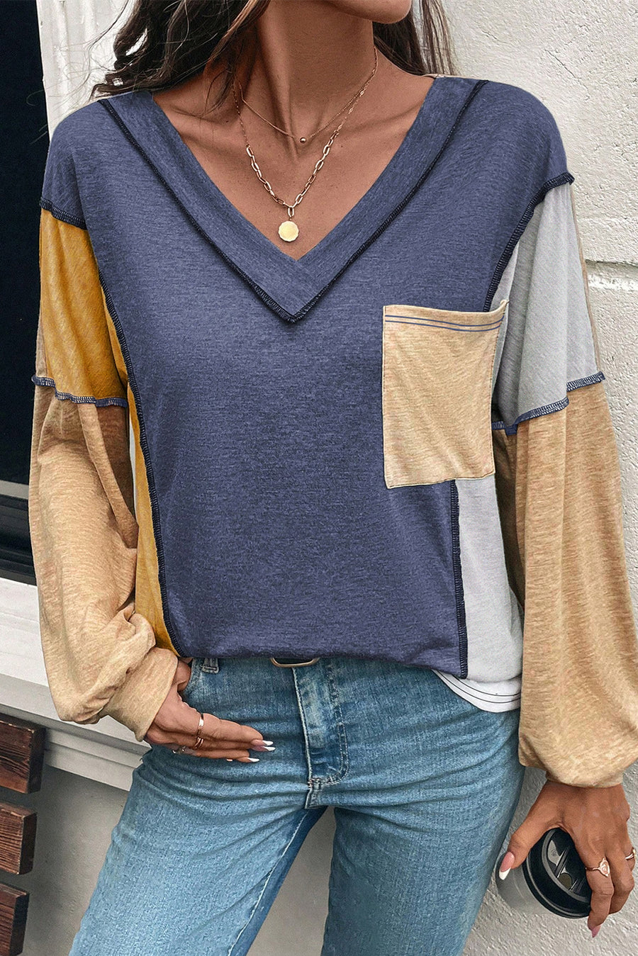 Blue Exposed Seam Color Block V-Neck Long Sleeve Top with Pocket