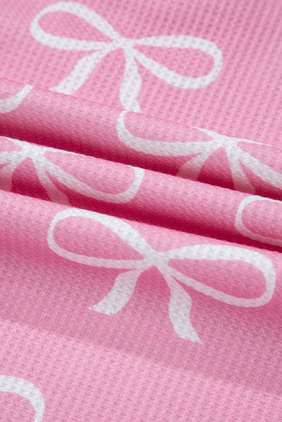 Pink Waffle Knit Bow Print Notched T-Shirt And Shorts Set