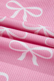 Pink Waffle Knit Bow Print Notched T-Shirt And Shorts Set
