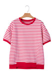 Red Striped Drop Shoulder Banded Short Sleeve T Shirt