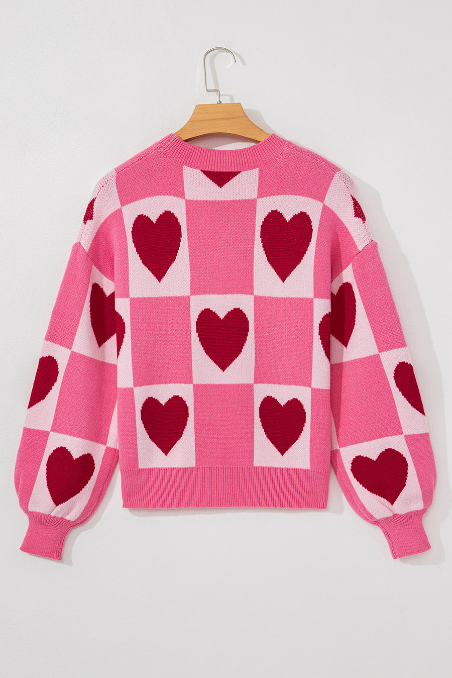 Pink Heart & Checkered Pattern Drop Shoulder Crew Neck Knit Sweater