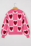 Pink Heart & Checkered Pattern Drop Shoulder Crew Neck Knit Sweater