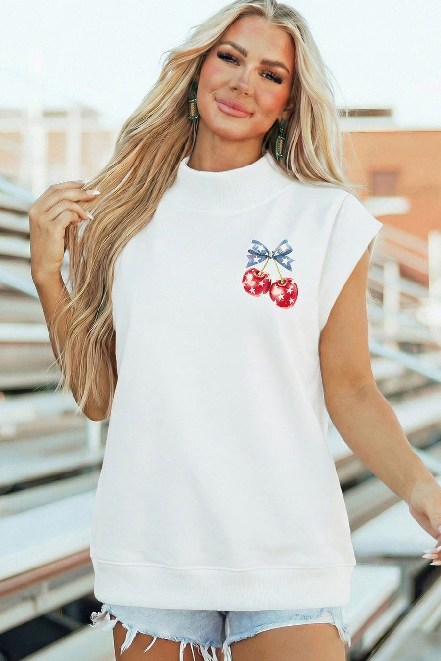 White Mock Neck Short Sleeve American Print Cherries Graphic T-Shirt