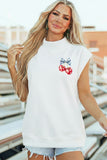 White Mock Neck Short Sleeve American Print Cherries Graphic T-Shirt