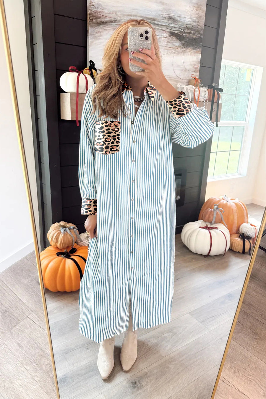 Striped Contrast Trim Leopard Patchwork Long Sleeve Midi Shirt Dress- 2 Colors