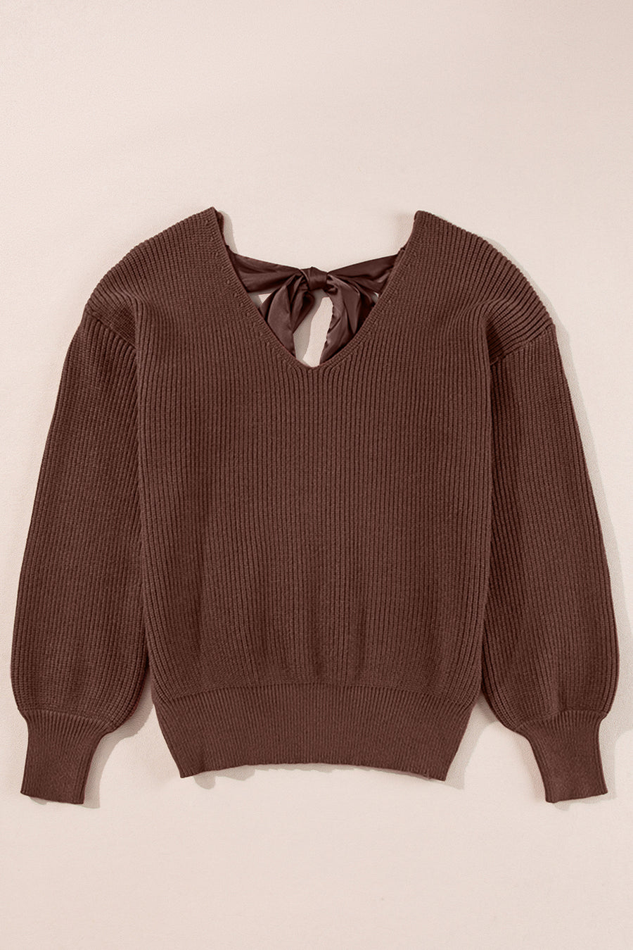 Lantern Sleeve V-Neck Bow Back Sweater- 4 Colors