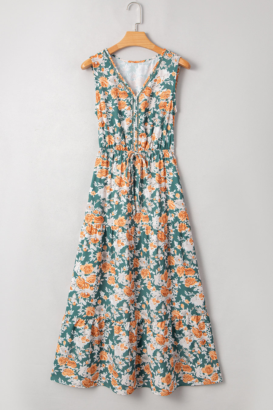 Green and Orange Floral Print V-Neck Sleeveless Midi Dress