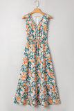 Green and Orange Floral Print V-Neck Sleeveless Midi Dress