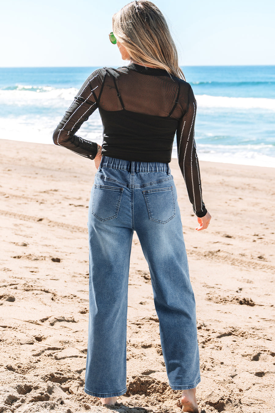 Stone Blue Star Patchwork Light Wash Wide Leg High-Waist Jeans