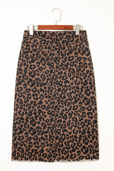 Sky Blue Leopard Frayed Split Denim Midi Skirt