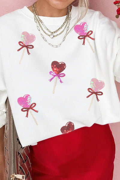 White Sequin Bow Heart Lollipop Drop Shoulder Crew Neck Sweatshirt