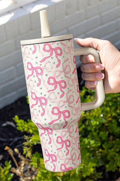 Pink & White Sparkly Bows & Hearts Print Tumbler Cup