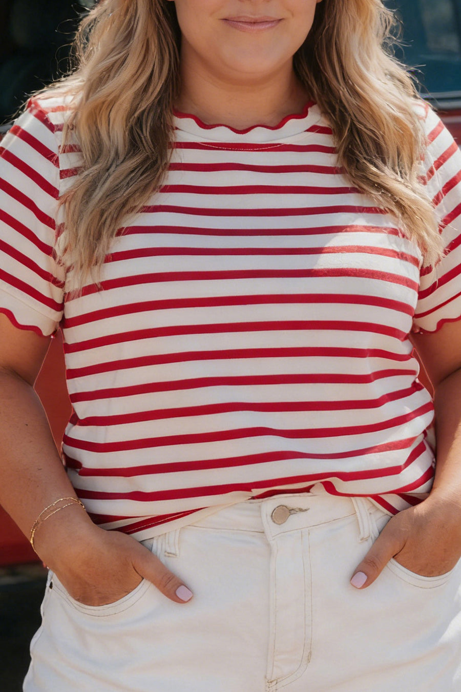 Plus Size Red Striped Scalloped Trim Crew Neck Short Sleeve T-Shirt
