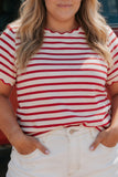 Plus Size Red Striped Scalloped Trim Crew Neck Short Sleeve T-Shirt