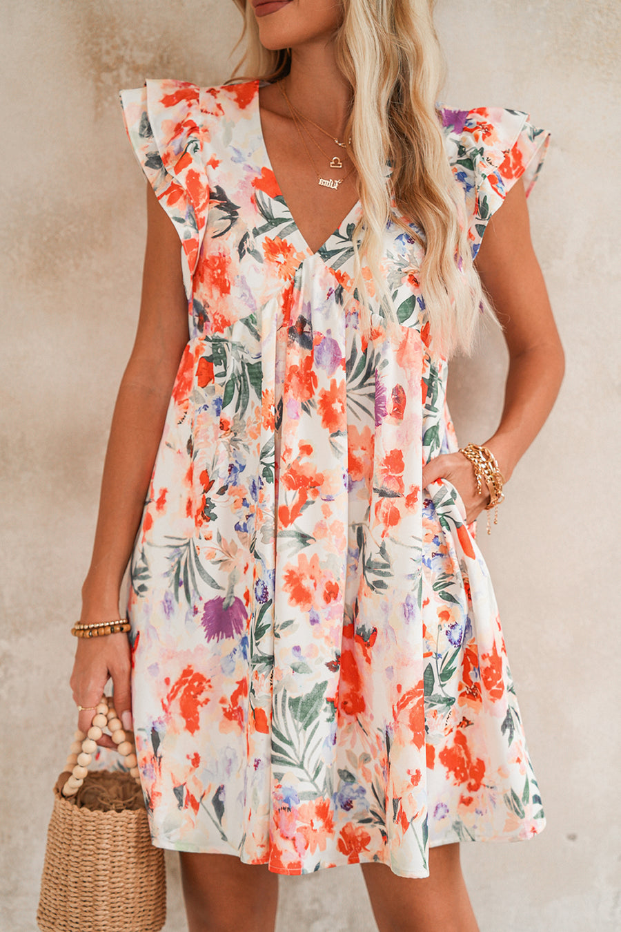Orange Multi Floral Ruffle Sleeve V-Neck High Waist Mini Dress