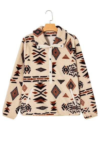 Beige Vintage Geometric Half Zip Plush Sweatshirt