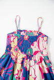 Multicolored Tropical Floral Print Shirred Spaghetti Strap Loose Maxi Dress