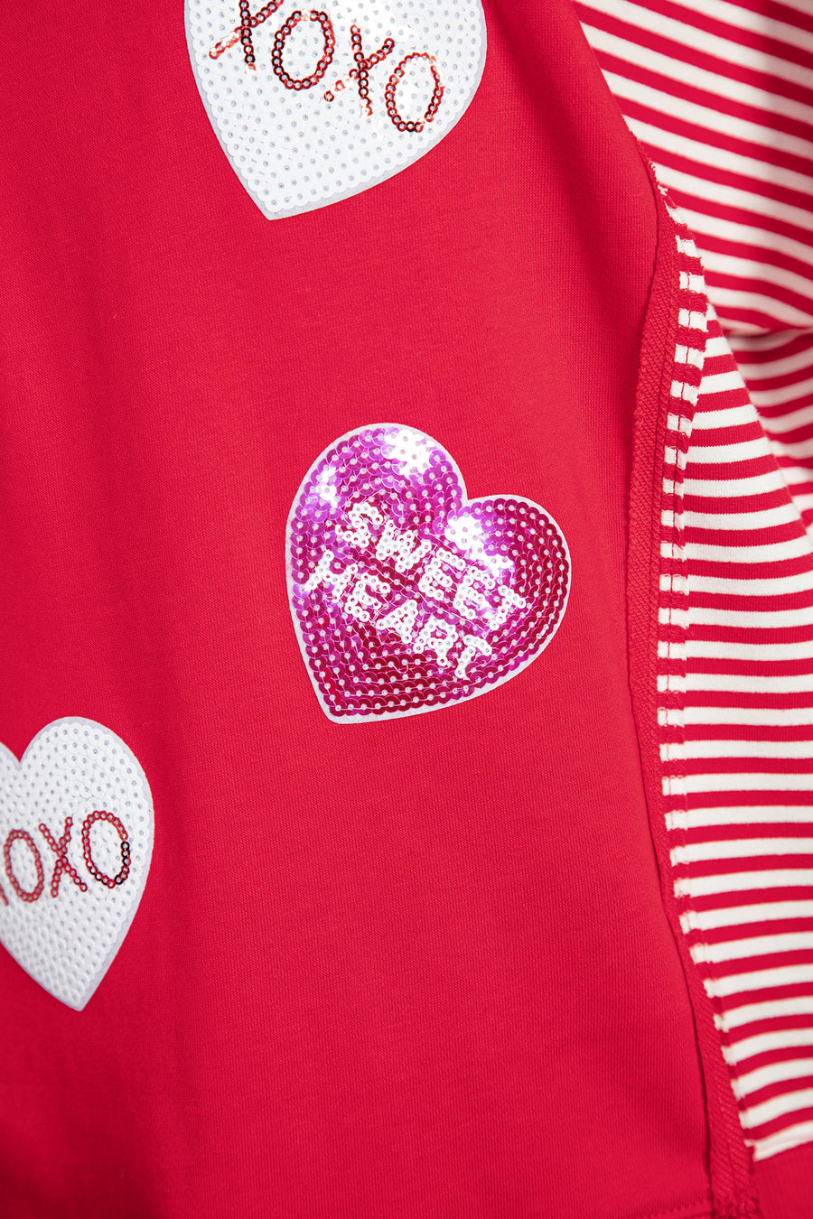 Red Sequin Hearts Striped Color Block Patchwork Drop Shoulder Crew Neck Sweatshirt 2