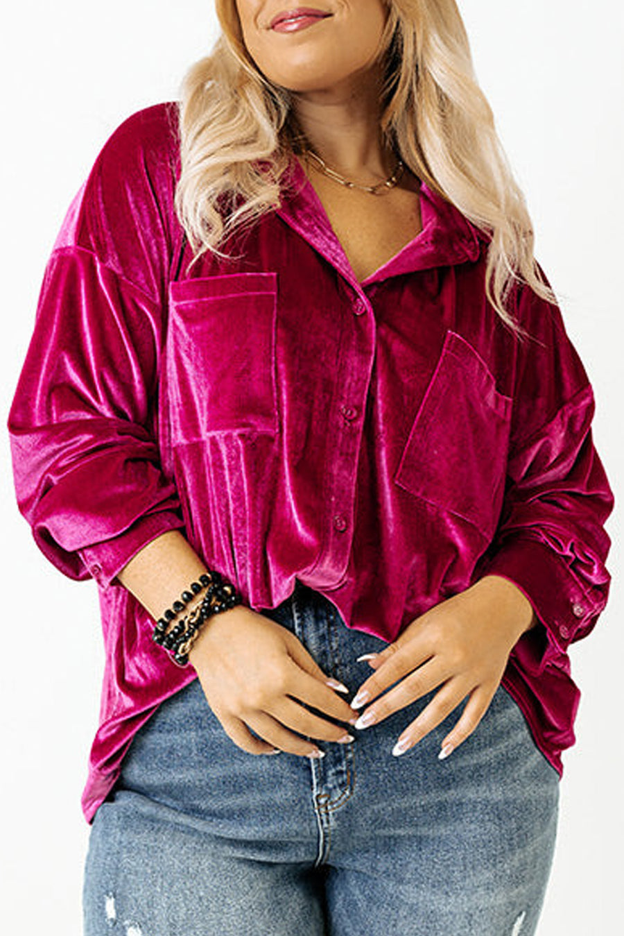 Plus Size Bright Pink Velvet Chest Pocket Drop Shoulder Shirt